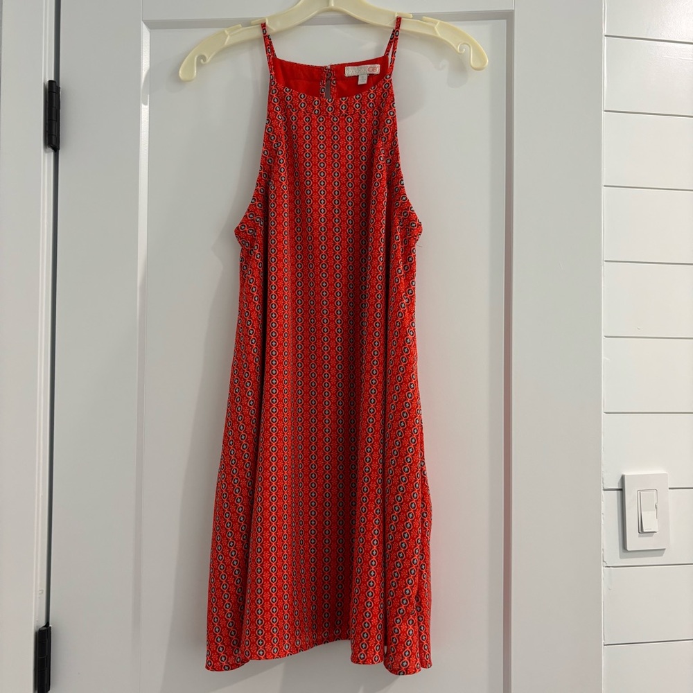 GB Coral Red Halter Neck Sleeveless Mini Dress Geometric Print Size S